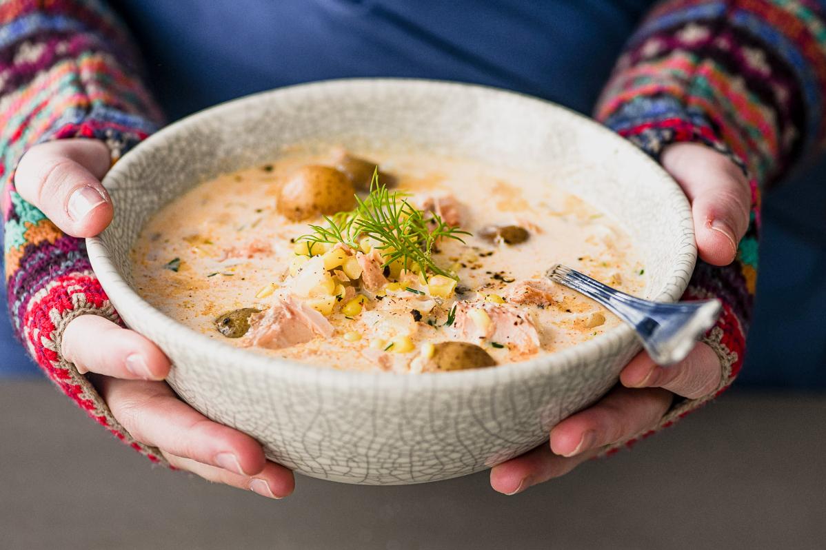  Each spoonful of this chowder is packed with tender chunks of smoked salmon.