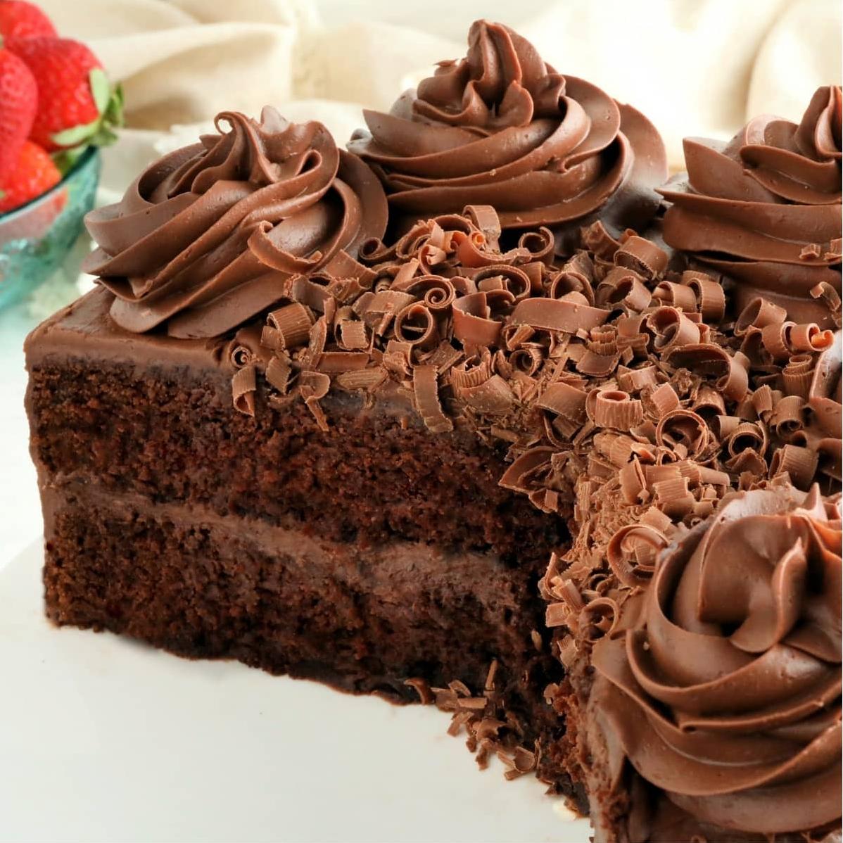  Enjoy a slice of heaven with this fudgy and moist chocolate cake.