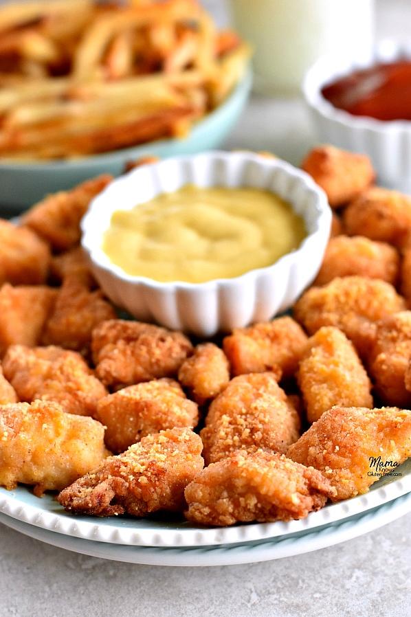  These gluten-free chicken nuggets are crispy on the outside and tender on the inside.