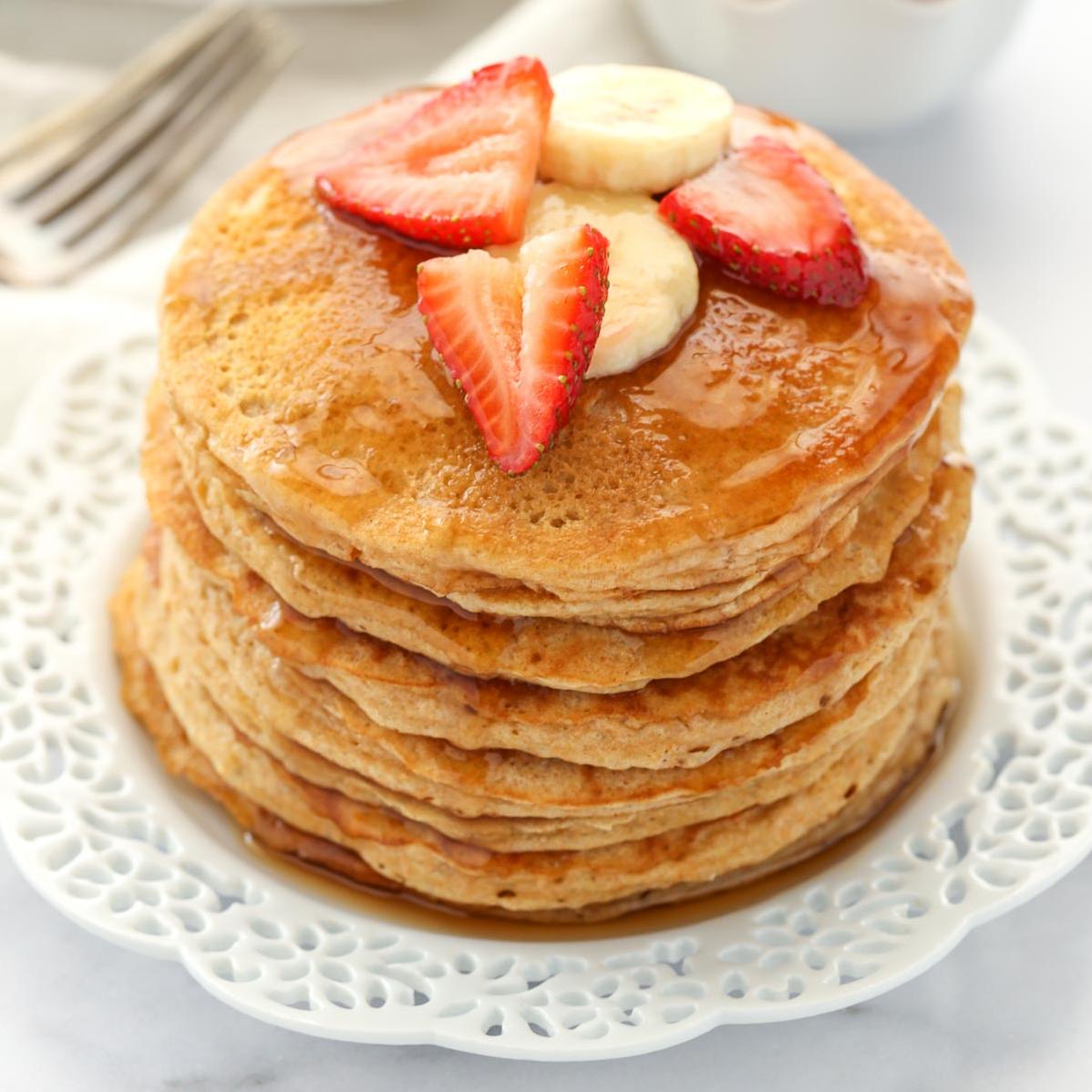 Top these whole wheat pancakes with fruit for an added burst of sweetness.